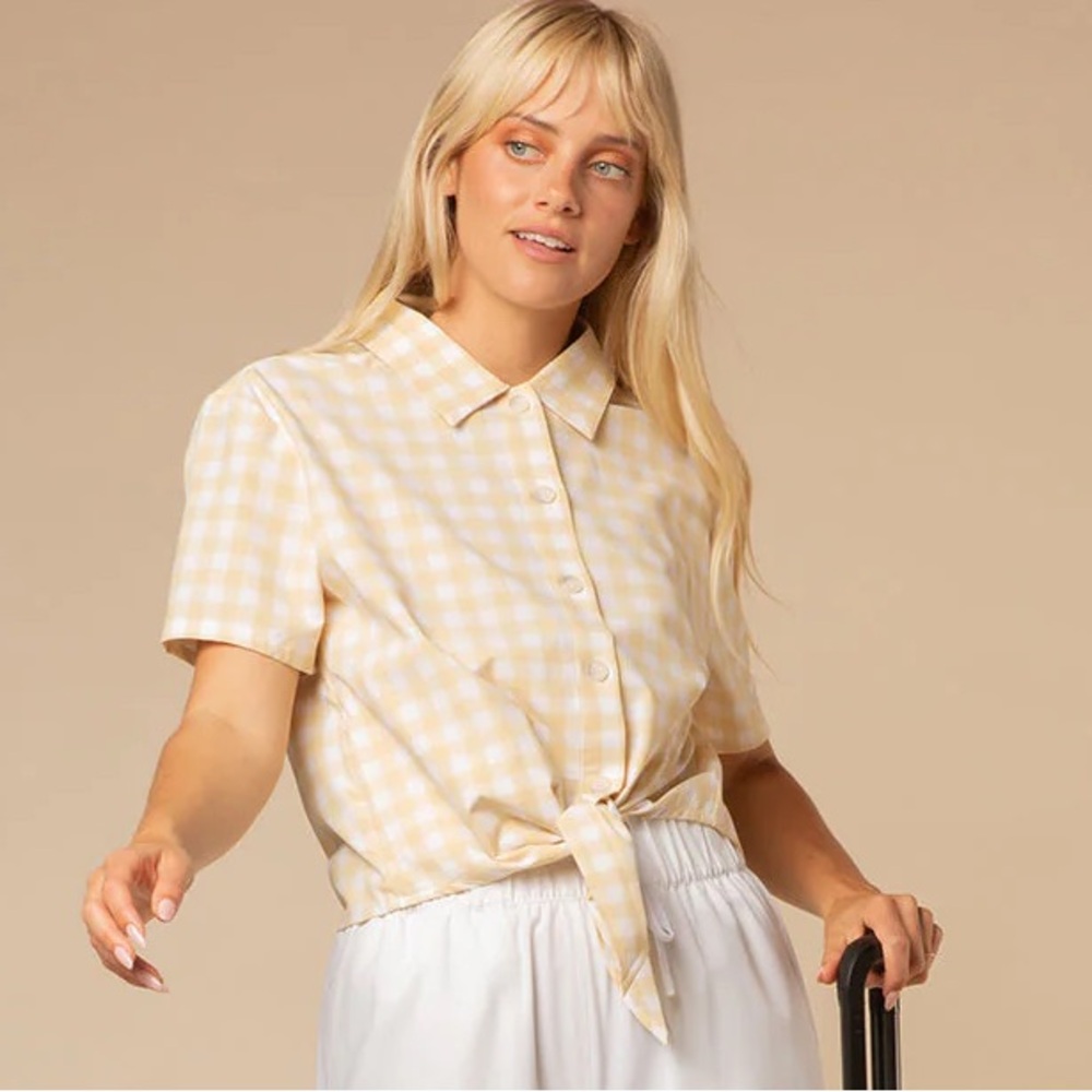 Yellow Gingham Tie-Front Button Shirt